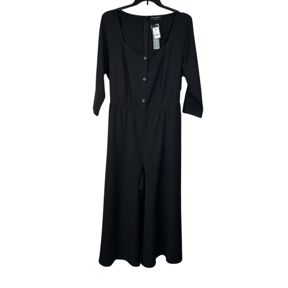 Lane Bryant SZ 22 Wide-Leg Cropped Jumpsuit Square Neck 3/4 Sleeve Belted Black